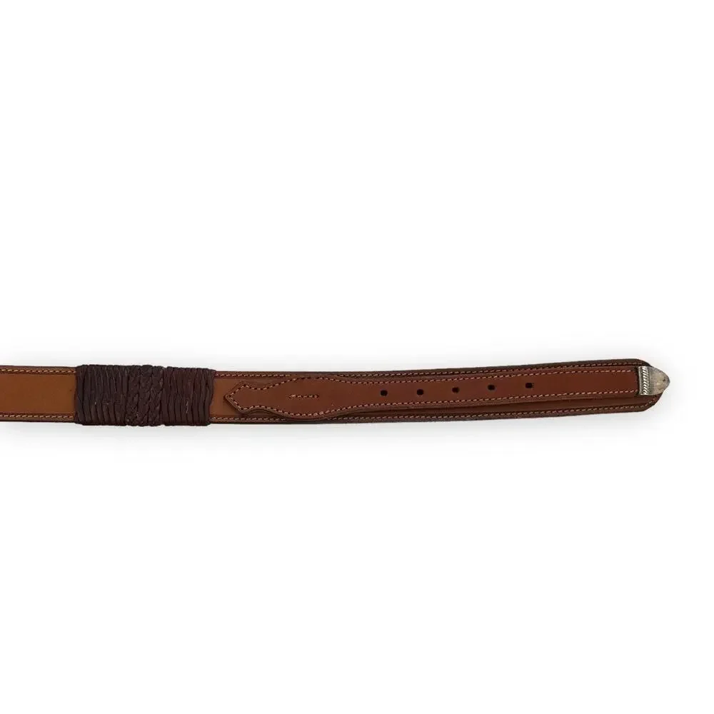 Unisex Western Belt Sz S/M 3D Brown Leather Silver Buckle Braided Details
